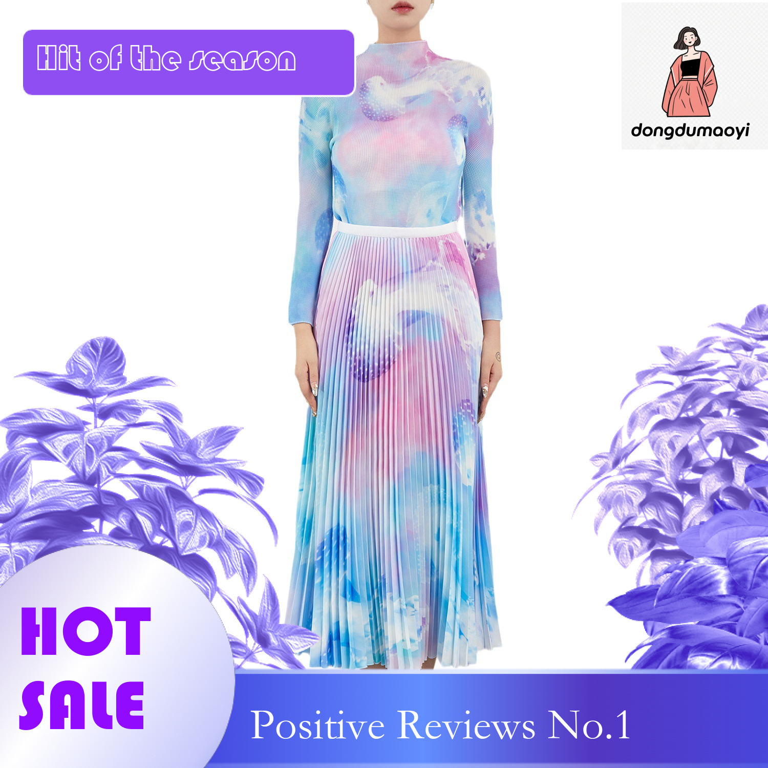 dongdumaoyi Miyake printed semi high neck T-shirt for women's autumn outfit, high-end and fashionable half skirt base two-piece set