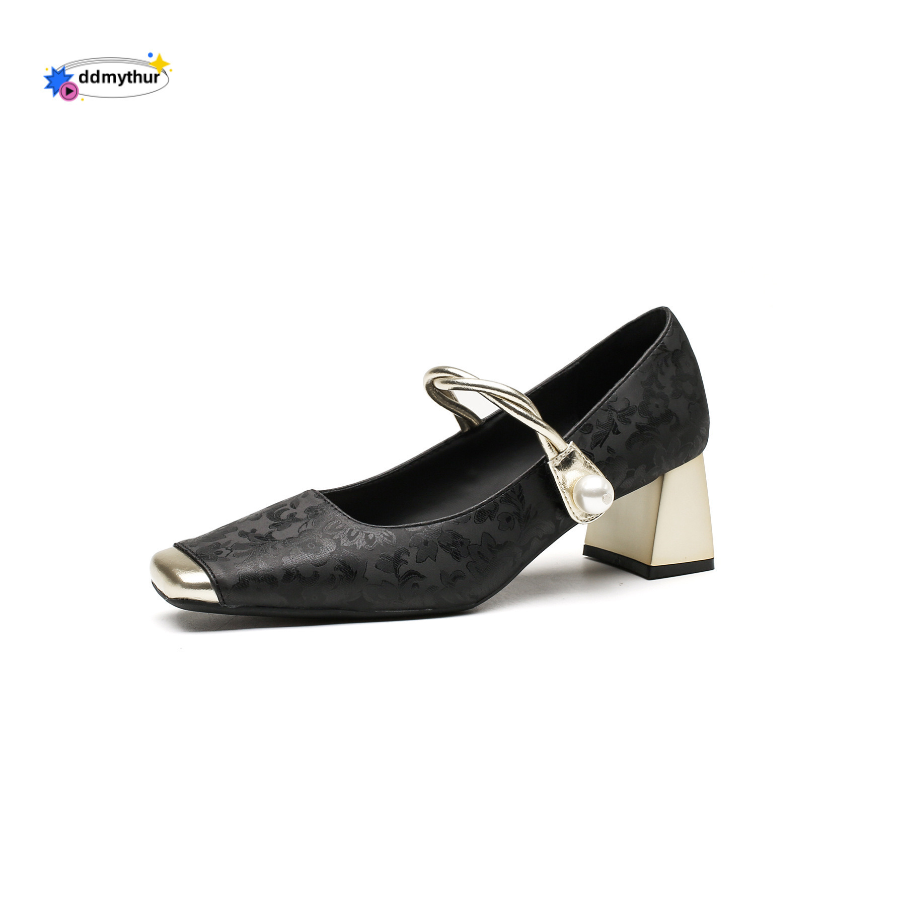 6368-13 Chinese style light luxury embossed silk medium order shoes for women 2024 metal square toe straight strap high heels ddmythur