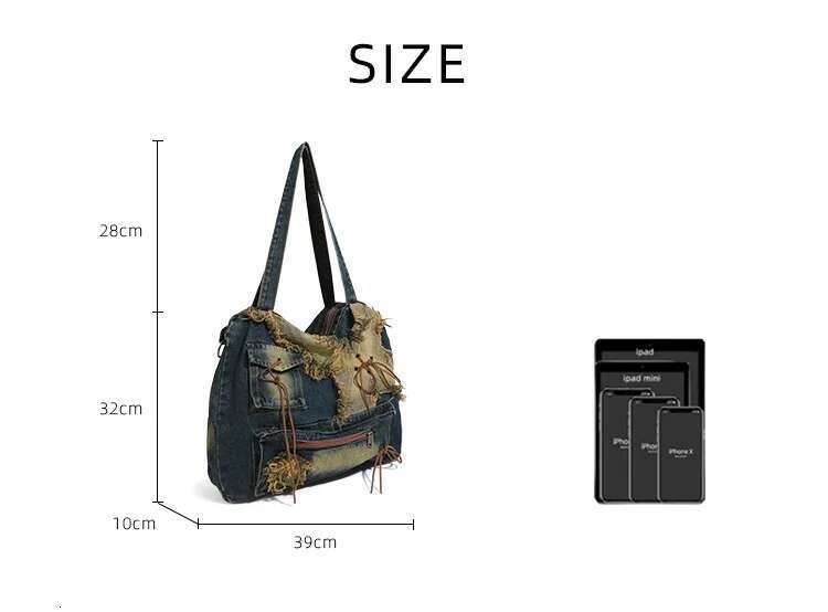 Vintage Womens Shoulder Washed Denim Large Capacity Messenger Bag Hot Girls New Fashion Designer Handbag Big Totes