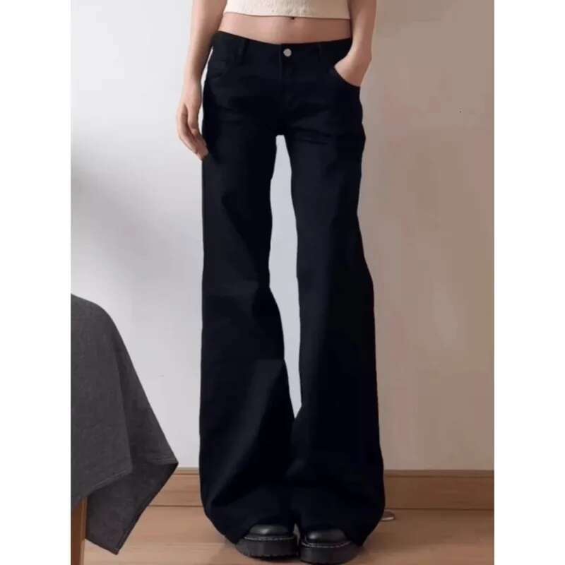 Botvotee Y2k Black Low Waist Jeans Flare Washed Vintage Casual Minimalist Denim Pants Grunge Solid Color Street Retro Trousers
