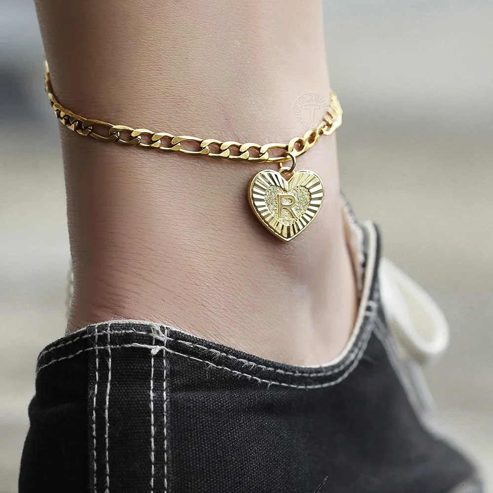 5mm Heart Shaped Anklet for Women Initial A Z Letter Charm Gold Color Stainless Steel Figaro Link Chain Anklet DKA16 250513