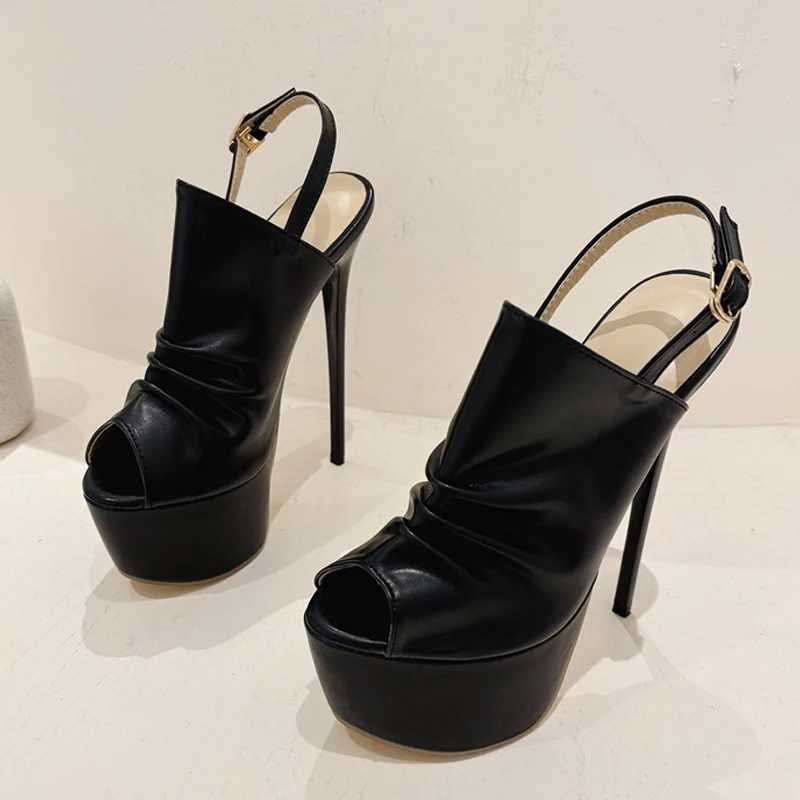 Likes Summer Cozy Pleated Leather Womens Super High Heels Platform Sandals Sexy Peep Toe Party Nightclub Stripper Shoes Black W250514