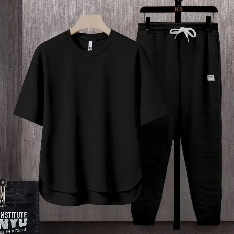 A Set With A Loose Suit Solid Color Mens T Shirt Summer Day Trend Ins Round Hem Short-sleeved Trousers Two Piece Breathable Set 250513
