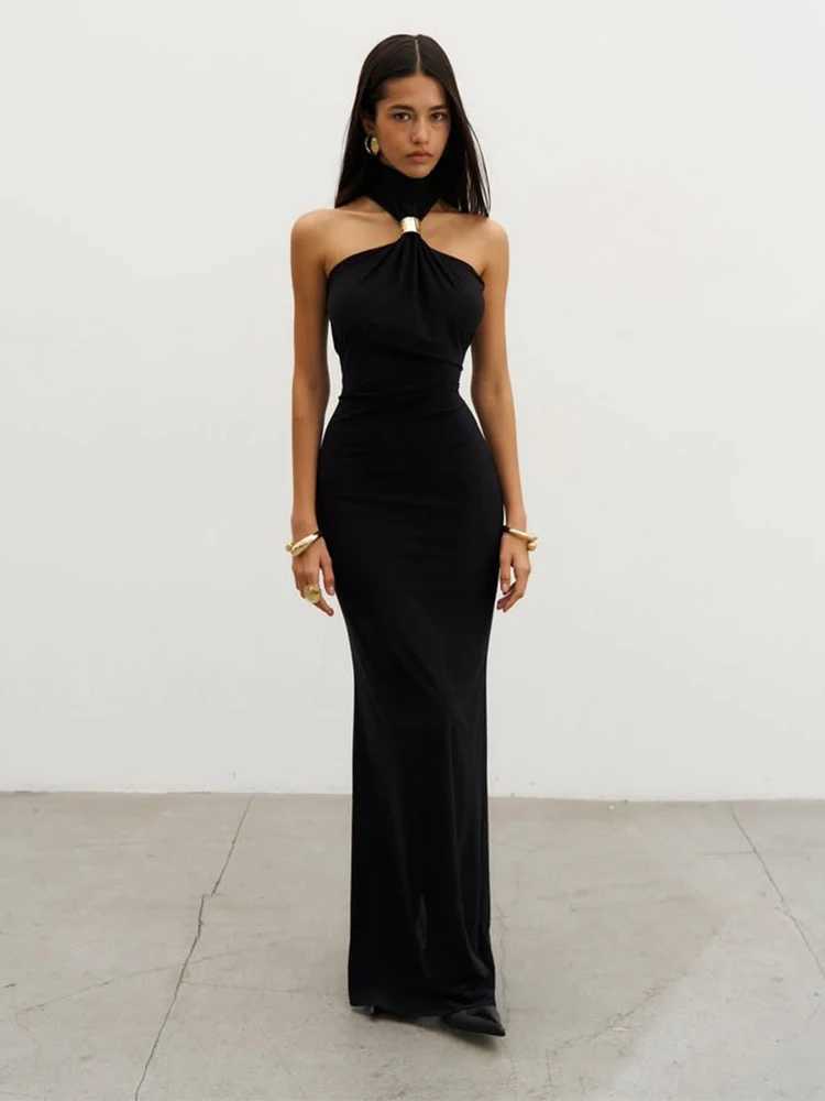 Nibber Elegant Metal Knots Dress Women Halter Summer Trend Solid Folds Backless Sleeveless Sexy Slim Banquet Party Long BodyconXJ250514