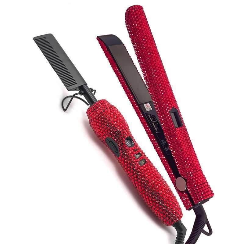 Hair Straightener and Hot Comb Set with Rhinestone High Heat Flat Iron straighter Combo peigne chauffant lisseur Lisseur Cheveux
