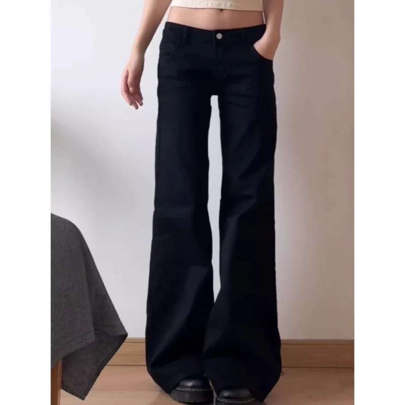 Botvotee Y2k Black Low Waist Jeans Flare Washed Vintage Casual Minimalist Denim Pants Grunge Solid Color Street Retro Trousers