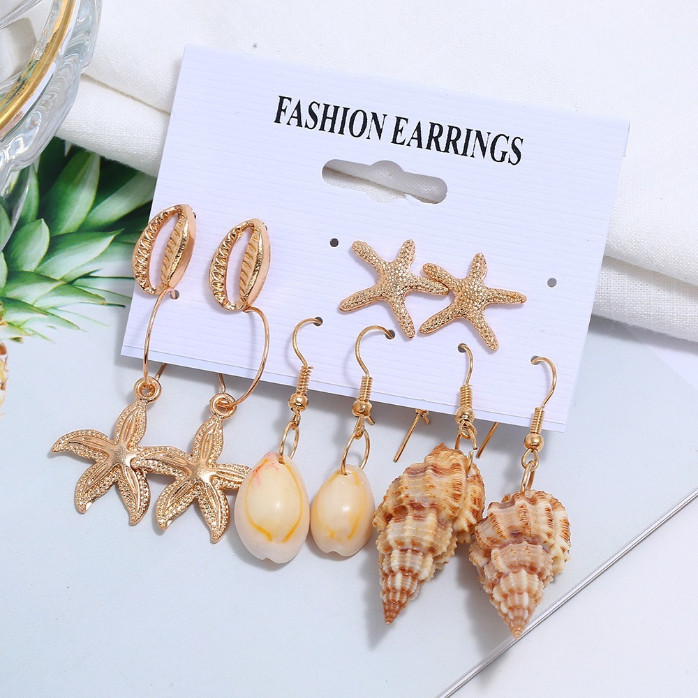 Popular fashionable beach style, golden shell, starfish, conch, 5 pairs of combination and earrings