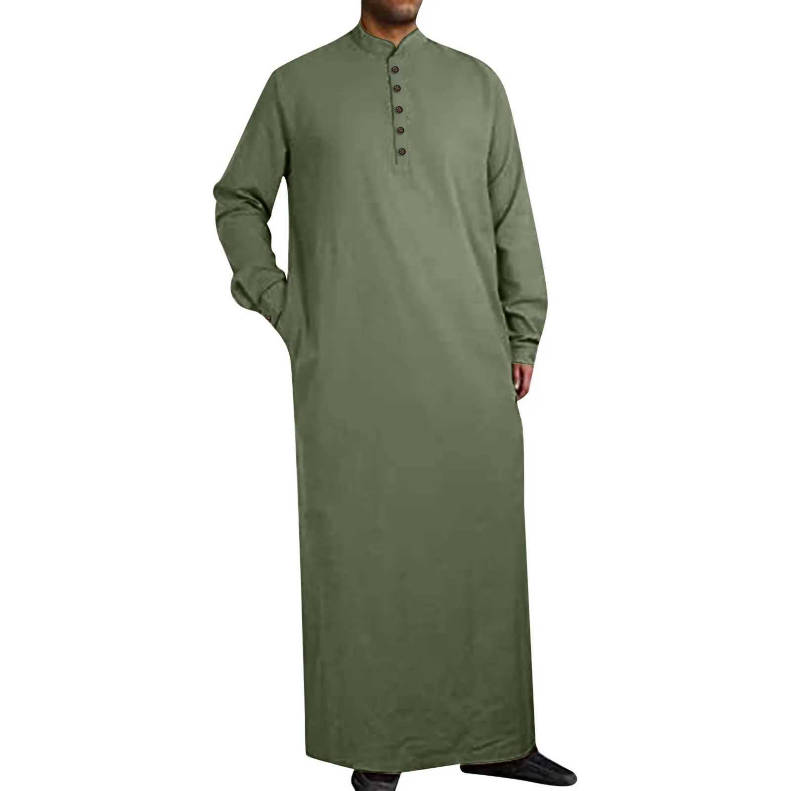 Men Button Islamic Muslim Robe Middle East Arabic Long Sleeve Jubba Thobe Side Slit Button Long Robes Pakistani Dubai Kaftan X250514