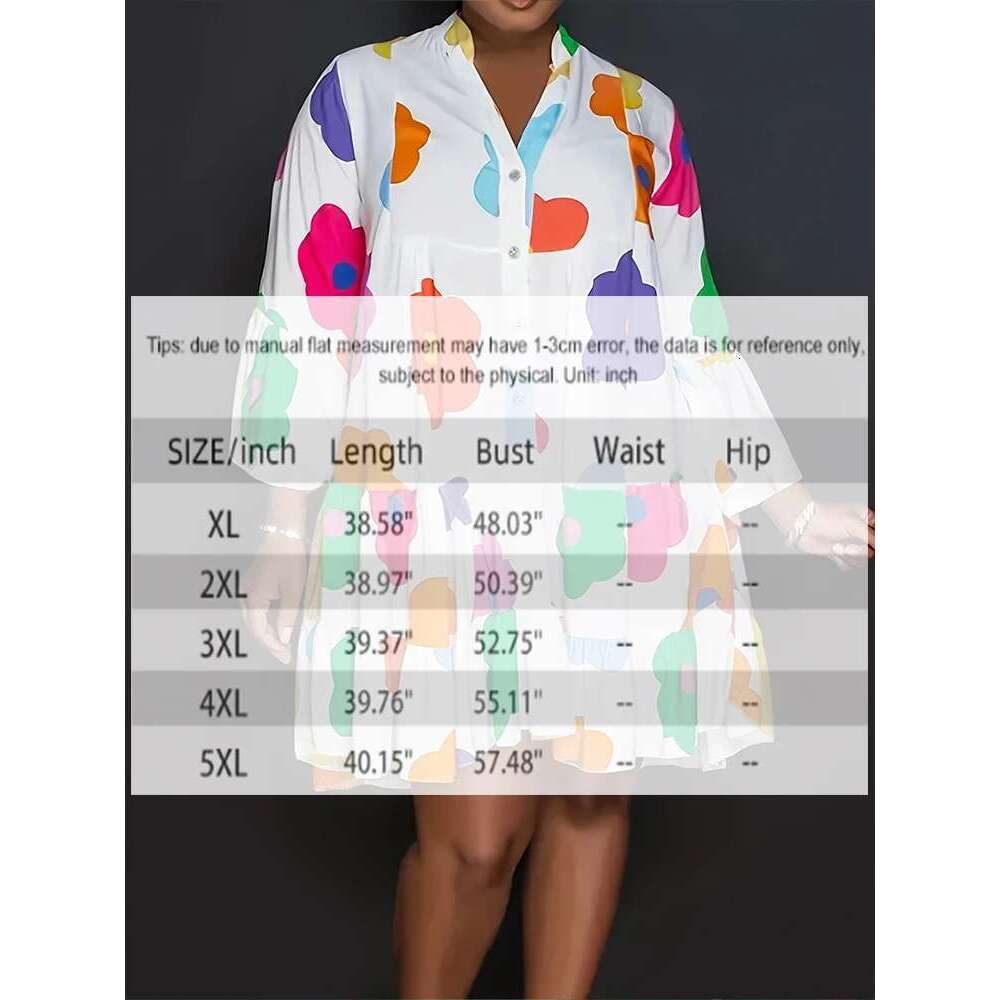 Plus Size Autumn New Floral Printed Women's Casual Loose Button Fashion Streetwear Polyester V-Neck Pleated Dresses