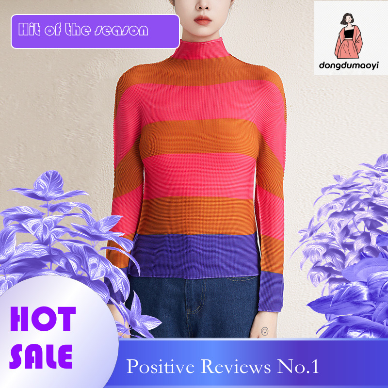 dongdumaoyi Miyake T-shirt for Women 2025 Spring Autumn Half High Collar Long Sleeve Printed Stripe Slimming Top with Fashionable and Versatile Style