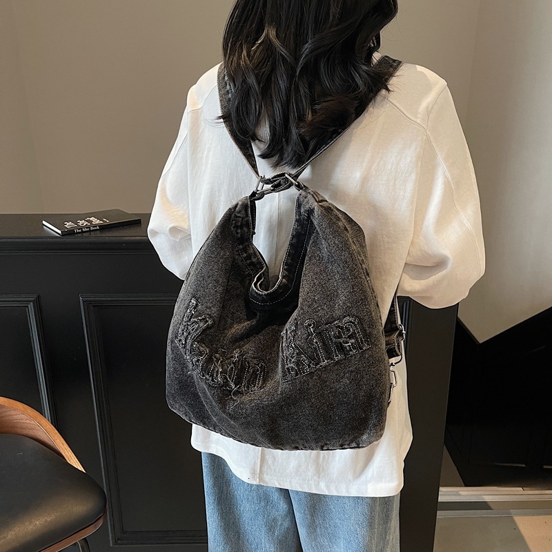 2025 spring/summer new niche design, fringed letter washed denim tote hand-held bill of lading shoulder bag, women's bag