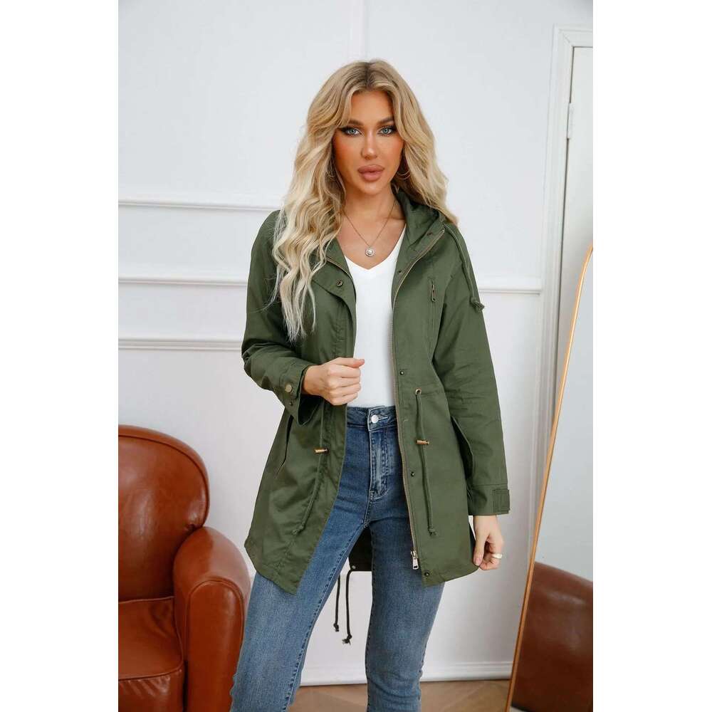 New Cotton Hooded Trench Coat Spring Autumn Jacket Zipper Loose Drawstring Solid Color Windbreaker Women's Clothing