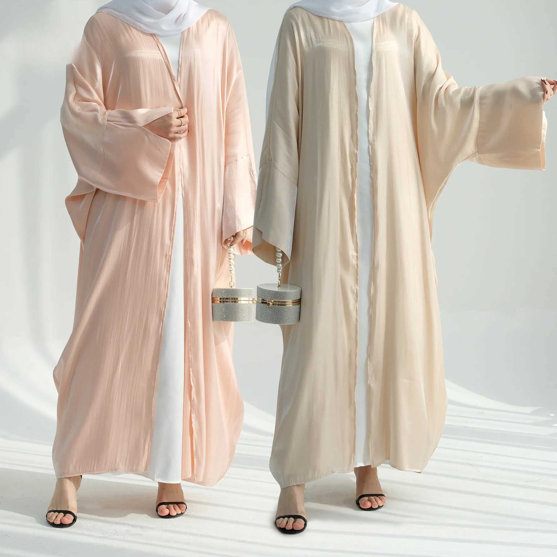 Plain Dubai open abaya moroccan kaftan turkish shiny Ramadan stain dresses Islam Muslim Modest Dress Sets Prayer Clothes Women X250514