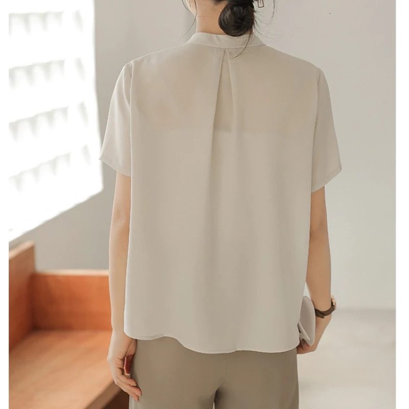 Elegant Spring Summer Ribbon Collar Womens Blouses Short Sleeve Oneck Casual Loose Office Lady Shirts for 250514