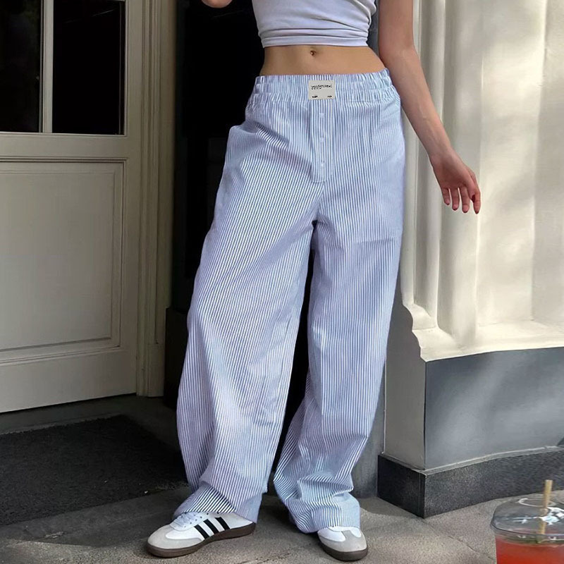 Womens striped patchwork contrasting high waisted drawstring loose straight woven fashionable casual comfortable pants 250320