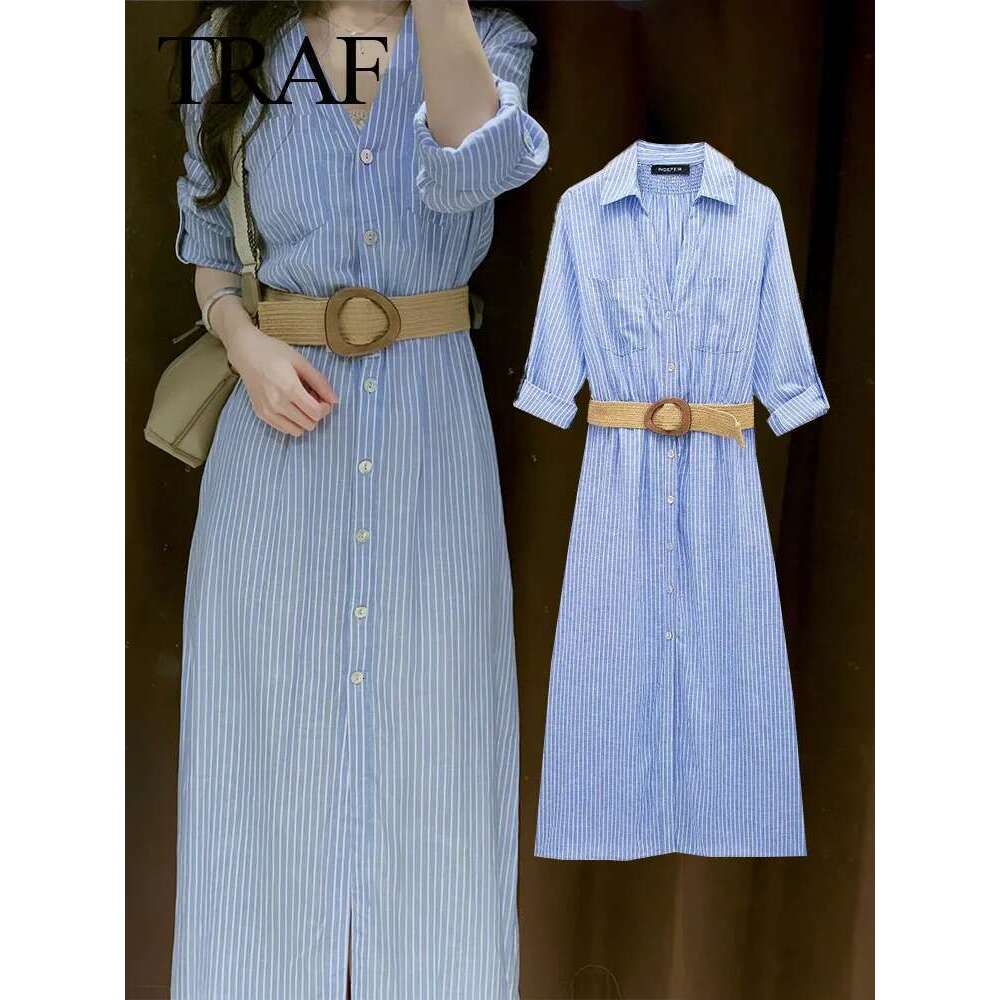 TRAFZA New Woman Blue Striped Chic Long Sleeve Dress Office Lady With Belt Midi Dresses Casual Loose Holiday Mujer Vestidos