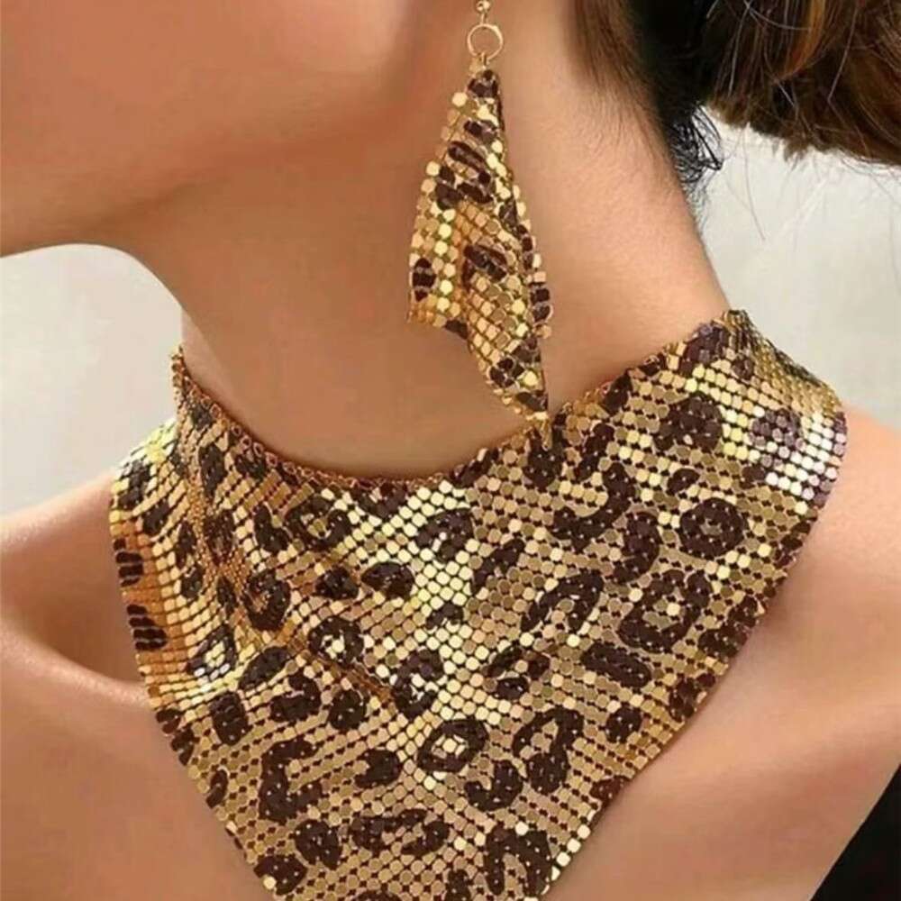 Triangle sequin silk scarf fake collar set with exaggerated personality collarbone necklace earrings pendant 24258