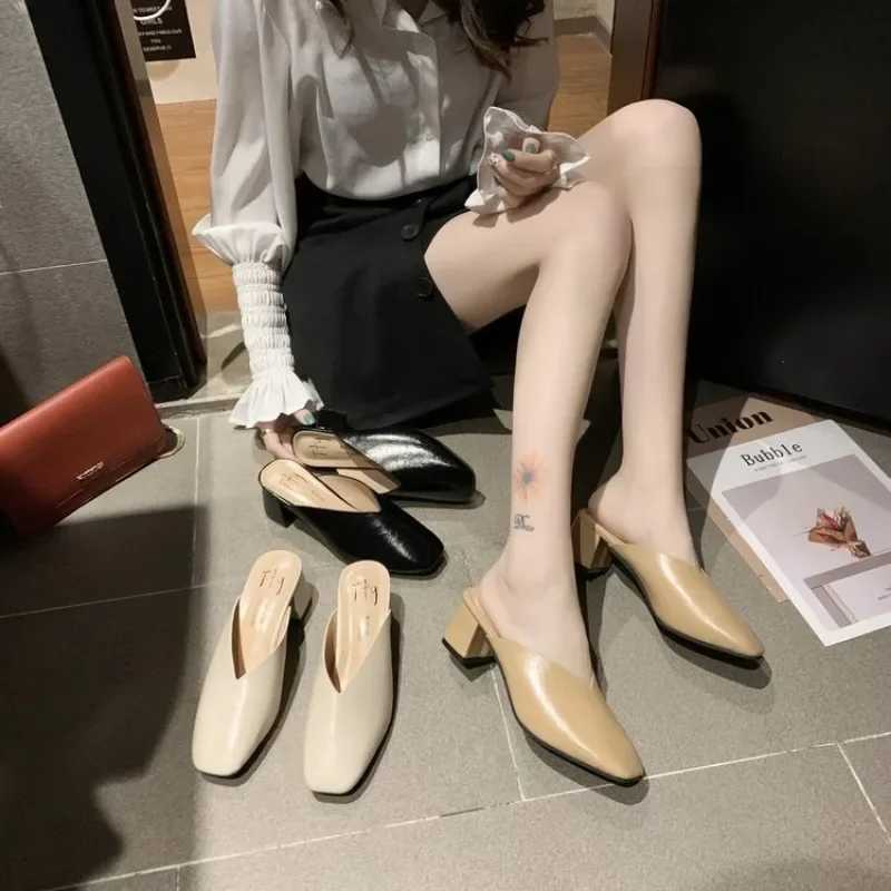 Baotou Half Slippers Women 2024 Summer New Outer Wear Fashion Solid Color Square Toe Thick Heel High-heeled Womens Shoes W250514