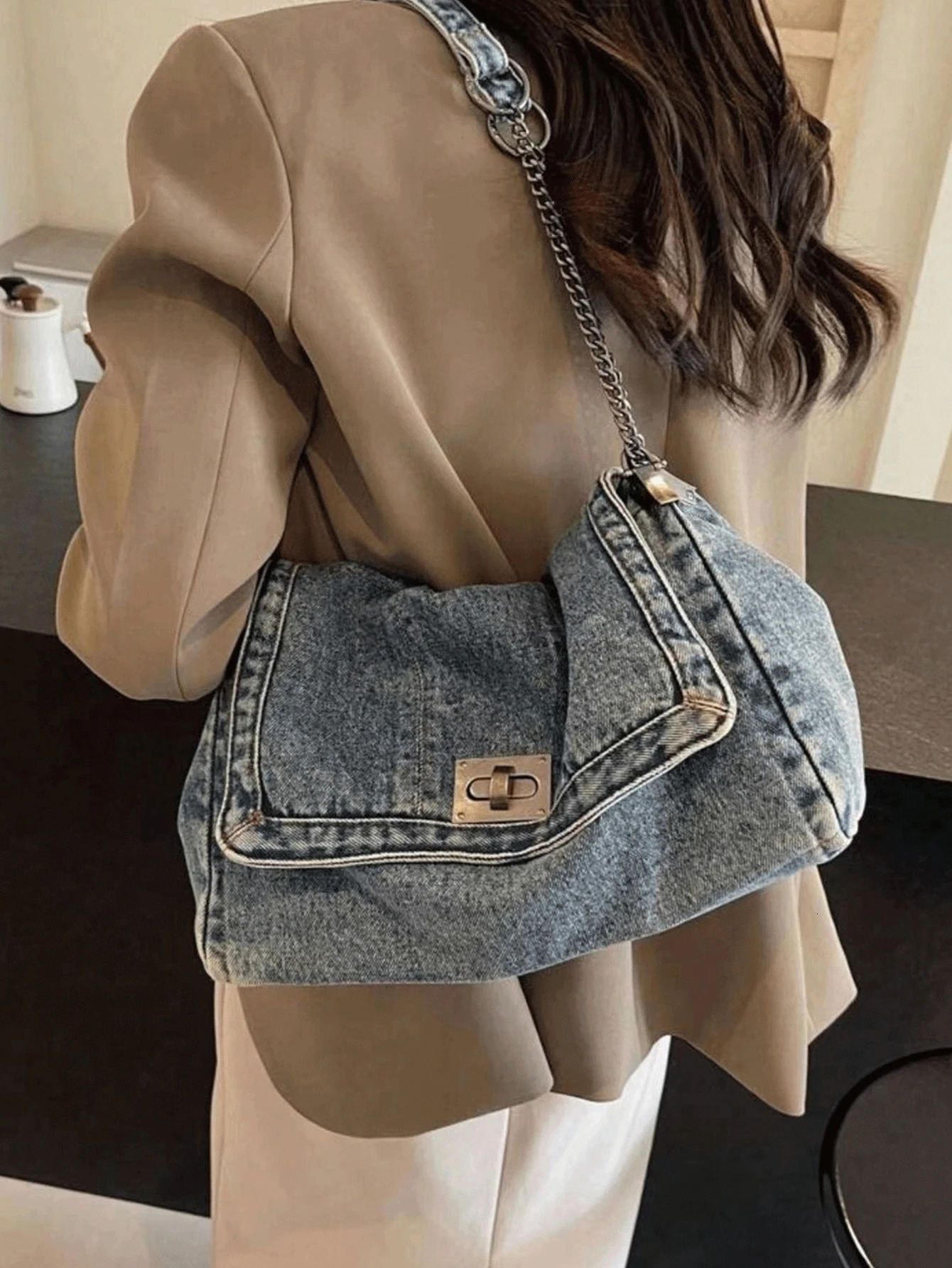 Denim Tote Bag with Metal Buckle and Chain Strap Deep Blue Light Black Vintage Stitching n for Women NonAdjustable Sl 250514