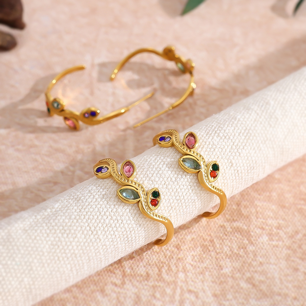 18K Gold Titanium Steel Earrings with Colorful Marquise Zirconia, Hollow Leaf Design, C-Shaped Stainless Steel Ear Studs for Women