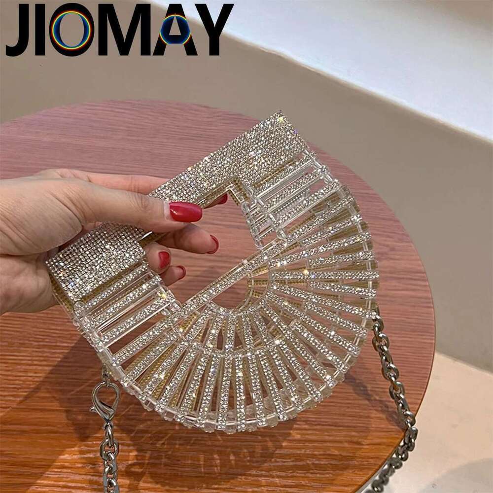 JIOMAY Half Moon Rhinestone Purse Designer Handbags Clutch Evening Mini Basket Bling Tote Bag Crystal Wedding Bags