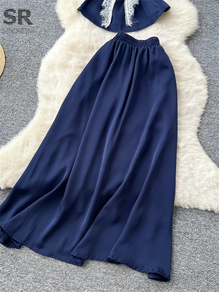 SINGREINY Elegant Summer French Two Piece Set Women Sleeveless Lace Tie n TopsLong Skirt Senior Fashion Vacation Suits 250514