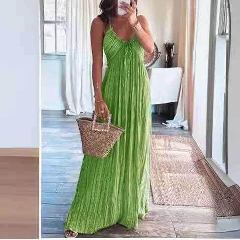 2025 Womens Summer Sexy U Neck Halter Long Party Dress Solid High Waist Pleated Maxi Dress Backless Lace-up Hollow Boho DressesXJ250514