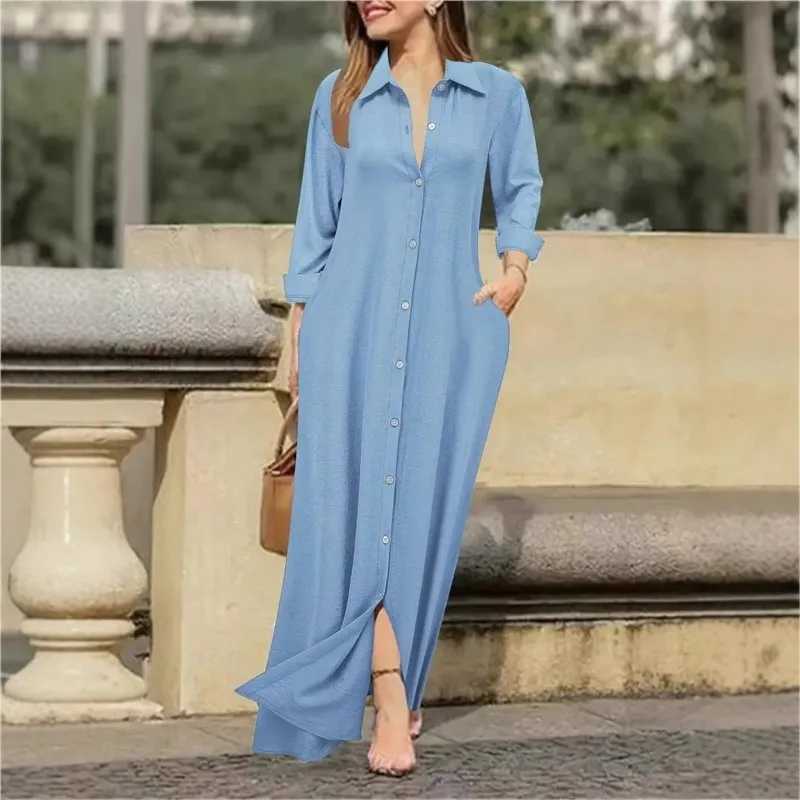 Womens Blouses Maxi Boho Dress Spring Fall Elegant Fashion V-neck Pockets White Long Shirt Dresses For Women Robe Femme VestidosXJ250514