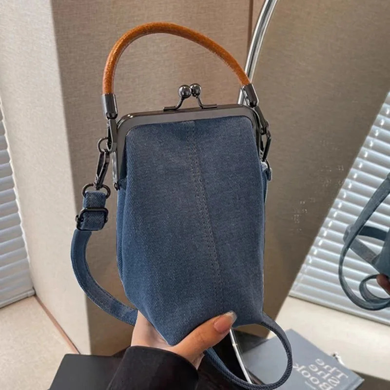 Denim Crossbody Bag For Women Vintage KissLock Small Phone Purse Trendy Cross Body Bags Daily Office Party 250514