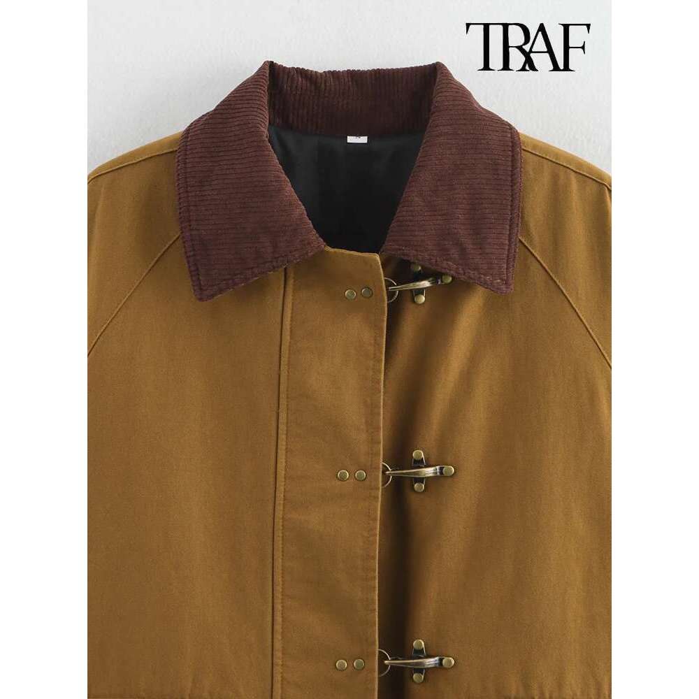TRAF Women's Fashion Retro Clashing Lapel Patchwork Autumn Winter Street Casual Loose Long Sleeve Pocket Jacket