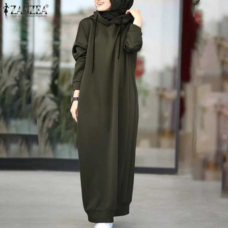 Women Winter Pullovers ZANZEA 2025 Stylish Hooded Hoodies Dress Casual Long Slve Maxi Vestidos Female Drawstring Robe Femme X250514