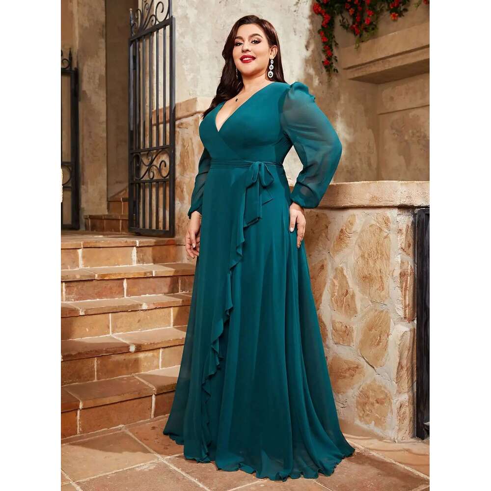 Mgiacy plus size V-neck irregular cross long sleeve ruffled chiffon full skirt Evening gown Ball Party dress