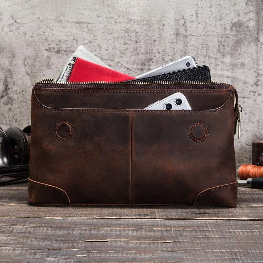 Cowhide Leather Men's Clutch iPad Mini 4 5 6 Iphone Clutches For Male Men Wallet Fashion Large Capacity Purse Gift
