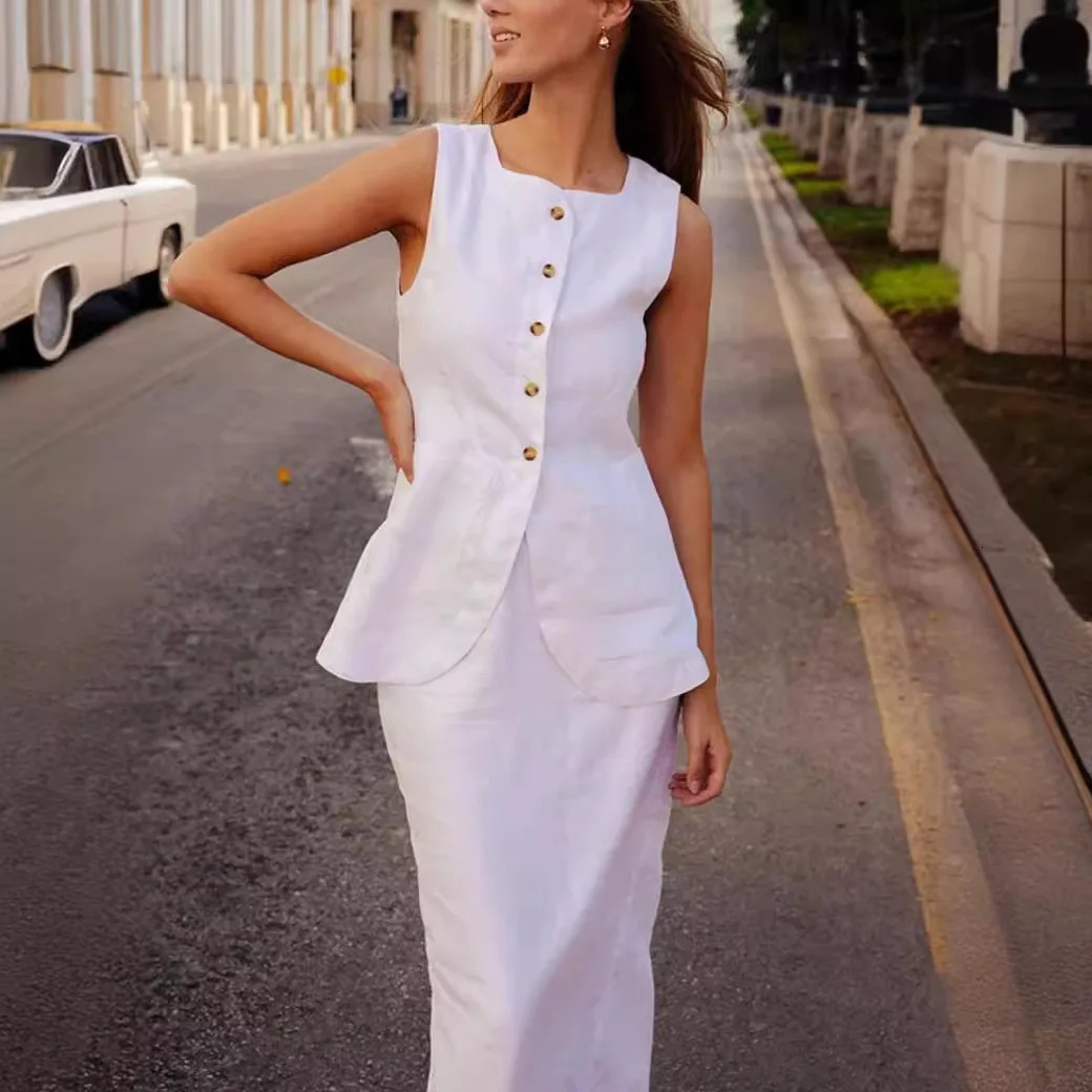 Chic Cotton Linen Long Skirt Set Women Summer Sleeveless Single Breasted Vest Top Back Split Maxi Skirts Lady 2 Piece Suits 250514