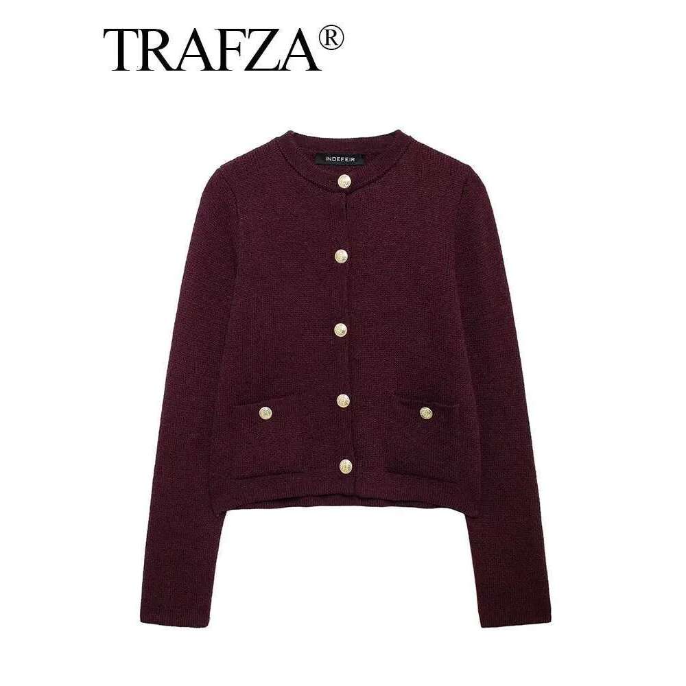 TRAFZA Women Vintage Solid Sweaters Autumn Casual O Neck Long Sleeve Knitted Cardigan Coat Female Fashion High Street Y2k Tops