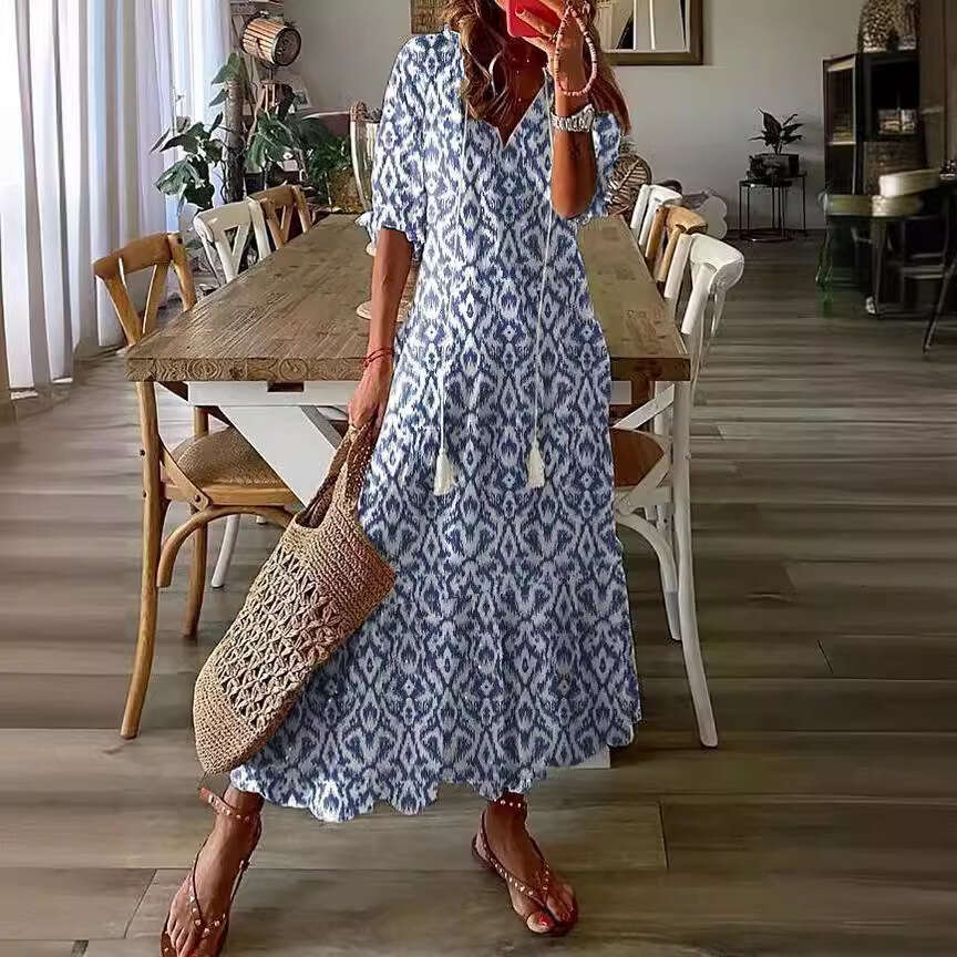 Women Clothes Dress Casual Sweet Loose V Neck Printed Hanging Beard Middle Sleeve Long Dress For Women KQ