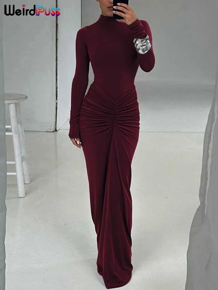 Weird Puss Hipster Ruched Dress Women o-NeckFull Sleeve Skinny Stretch Robe Autumn Trend Simple Classic Pleats Long BodyconXJ250514