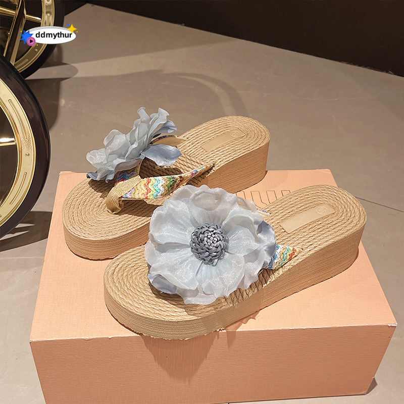 New niche fairy style slope heel flip flops for women's summer fashion grass woven flower thick soled countryside vacation beach shoes ddmythur