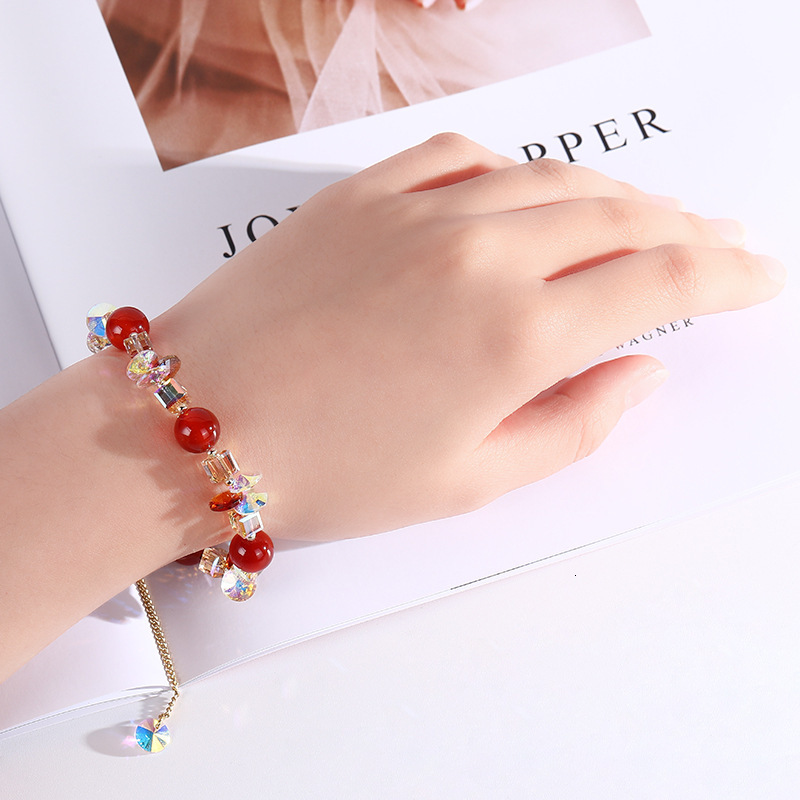Minimalist Design Sense Agate Copper Chain Glass Crystal Decorative Red Beaded Pearl Bracelet