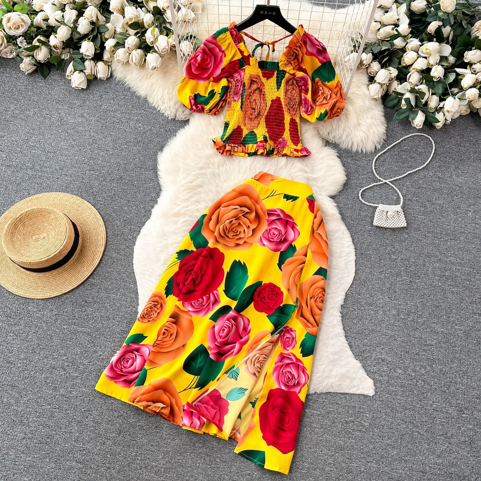 YuooMuoo Women Dress Set Summer Y2K Fashion Print Flowers Crop Tops Long Aline Skirts Lady Vacation Beach Two Piece Suits 250514