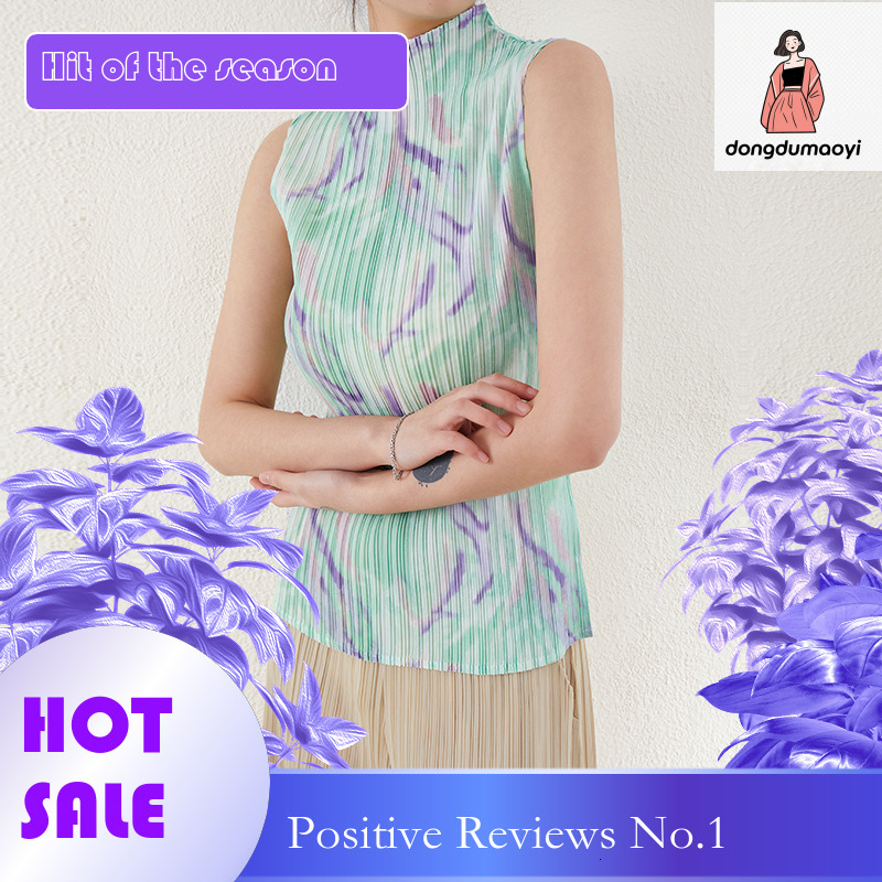 dongdumaoyi Wrinkled top thin pullover half slim fit sleeveless printed yellow elastic round neck temperament commuting vest t-shirt