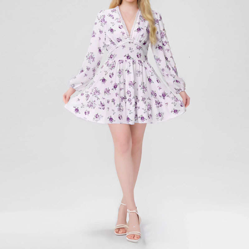Dress Dresses for Woman Elegant Summer Dresses 2025 Womens New Elegant and Sweet Printed V-neck Pleated Short Long Sleeved Spring Dress for Women