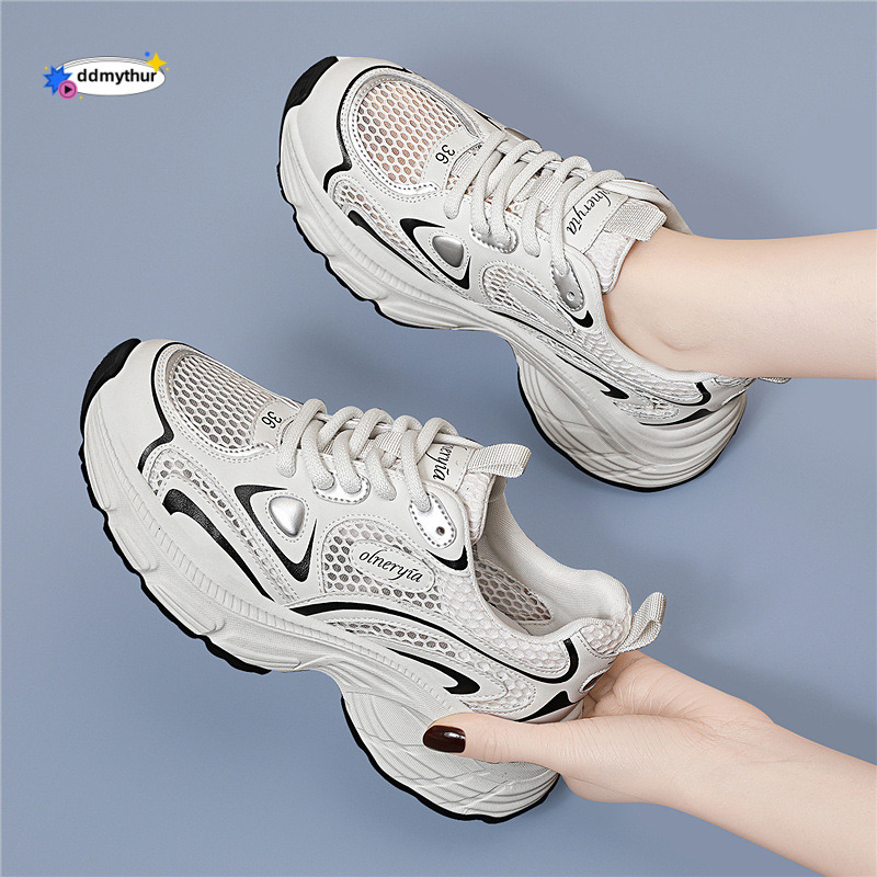 Dad's for women 2025 summer height increasing mesh white casual sports hiking shoes new thick soled ddmythur