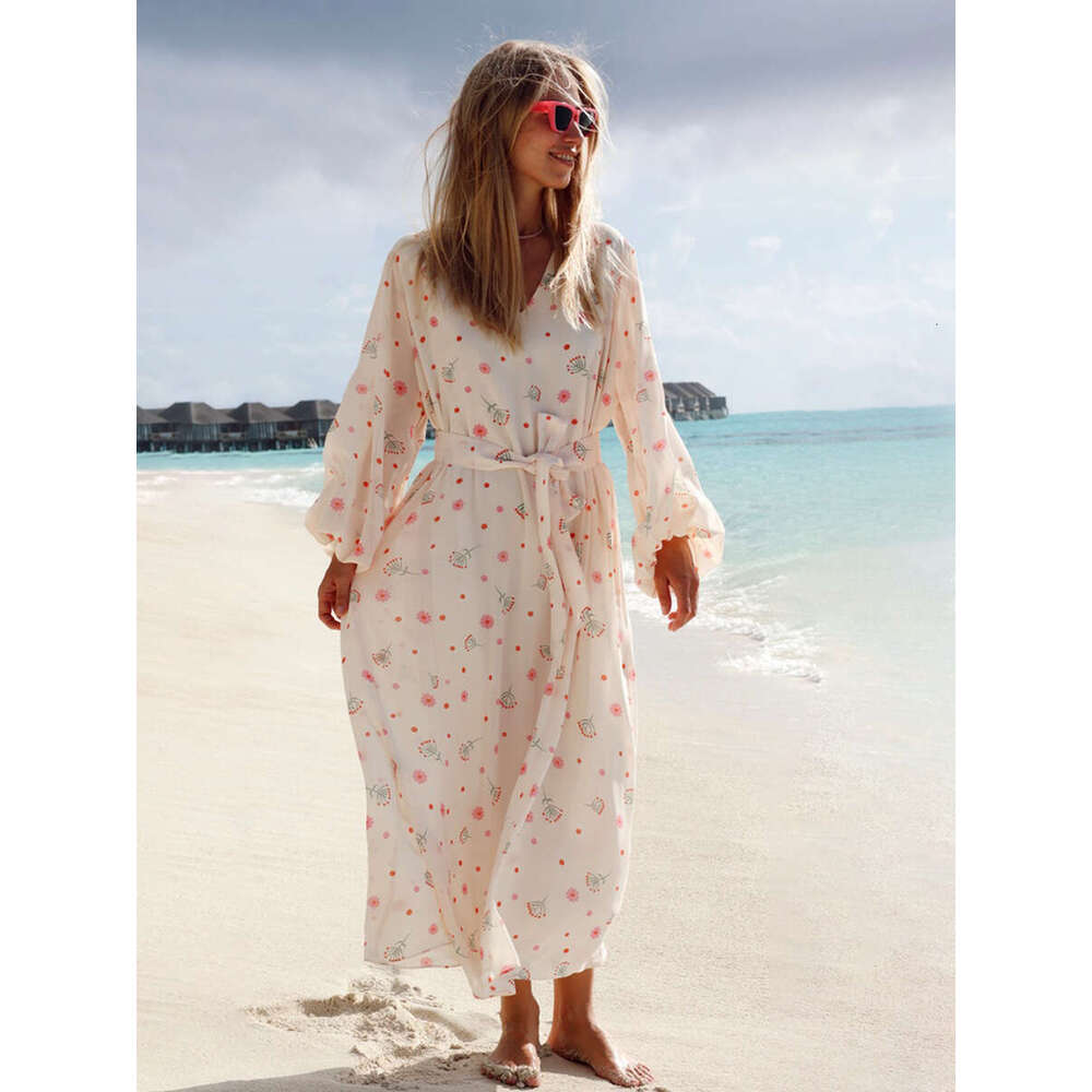 Women's Wear Chiffon New V-Neck Long Loose Waistband Printed Dress