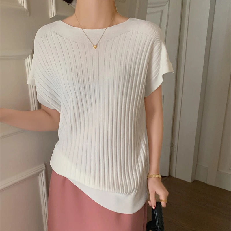 Spring Summer Knitted Batwing Sleeve Womens Tshirts Solid Casual Loose Oneck Bottom Shirts Knitwear Tops Female 250514
