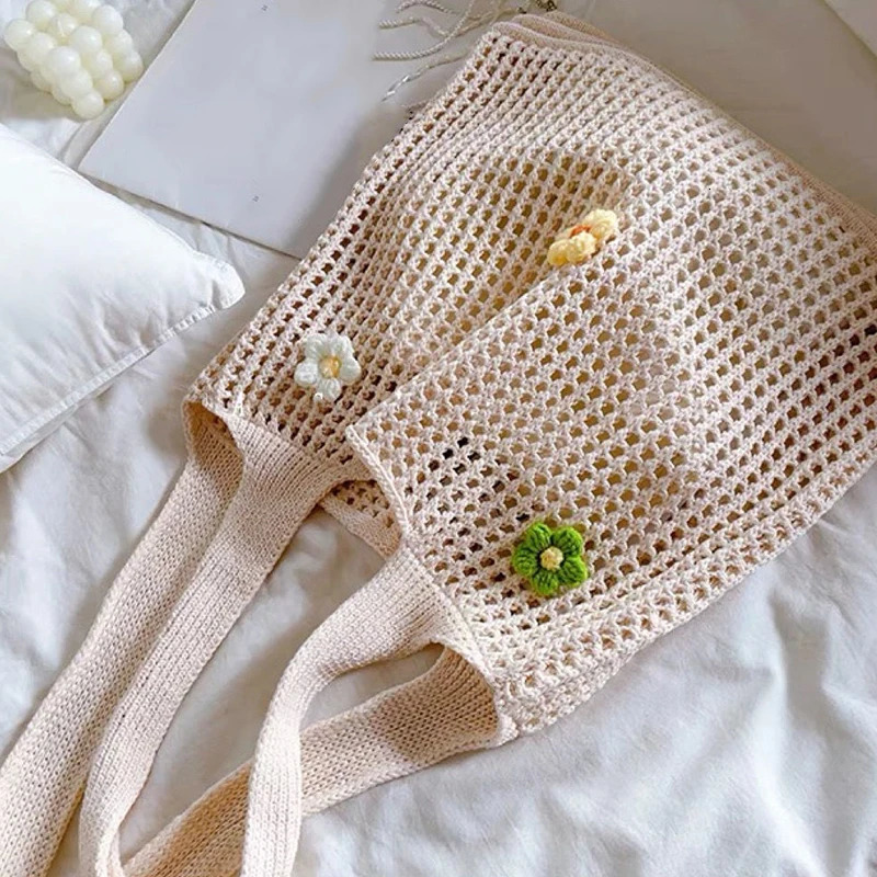 Fashion Hollow Knitted Flower Womens Bags Casual Female Shoulder Crochet Tote Ladies Shopping TopHandle Handbag 250514