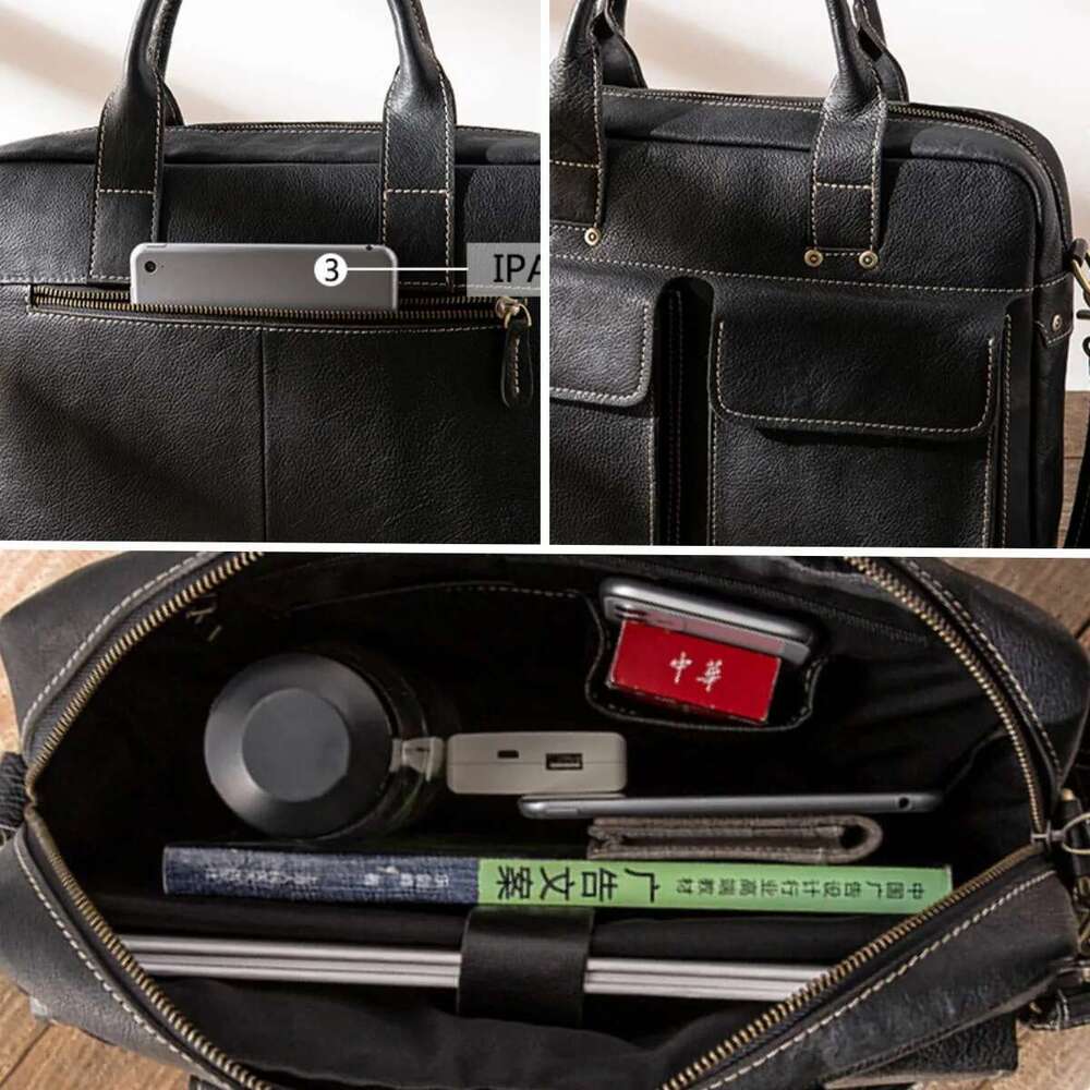 NASVA Leather Men's Briefcase Shoulder Messenger Handbag Business Computer Notebook Bag For 14 Inch