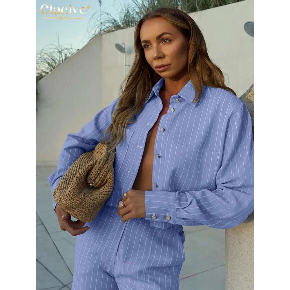 Clacive Fashion Loose Blue Stripe Cotton 2 Piece Sets Women Outfit 2025 Elegant Long Sleeve Shirt With High Waist Wide Pants Set