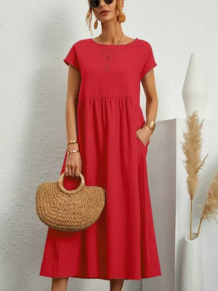 Womens Casual White Short Sleeve Midi Dress Summer Round Neck Cotton And Linen Vintage Loose Long Dresses With Pockets Y2KXJ250514
