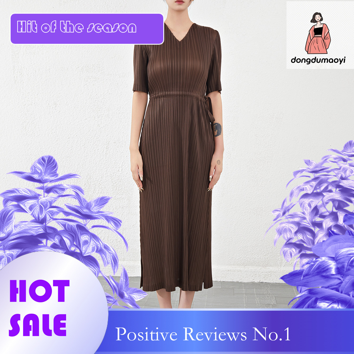 dongdumaoyi Miyake pleated loose slimming temperament short sleeved V neck high end dress long skirt